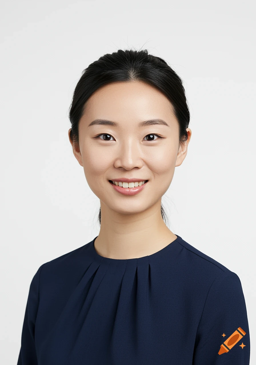 A professional headshot of a young woman with black hair in a navy blouse smiling against a white background.