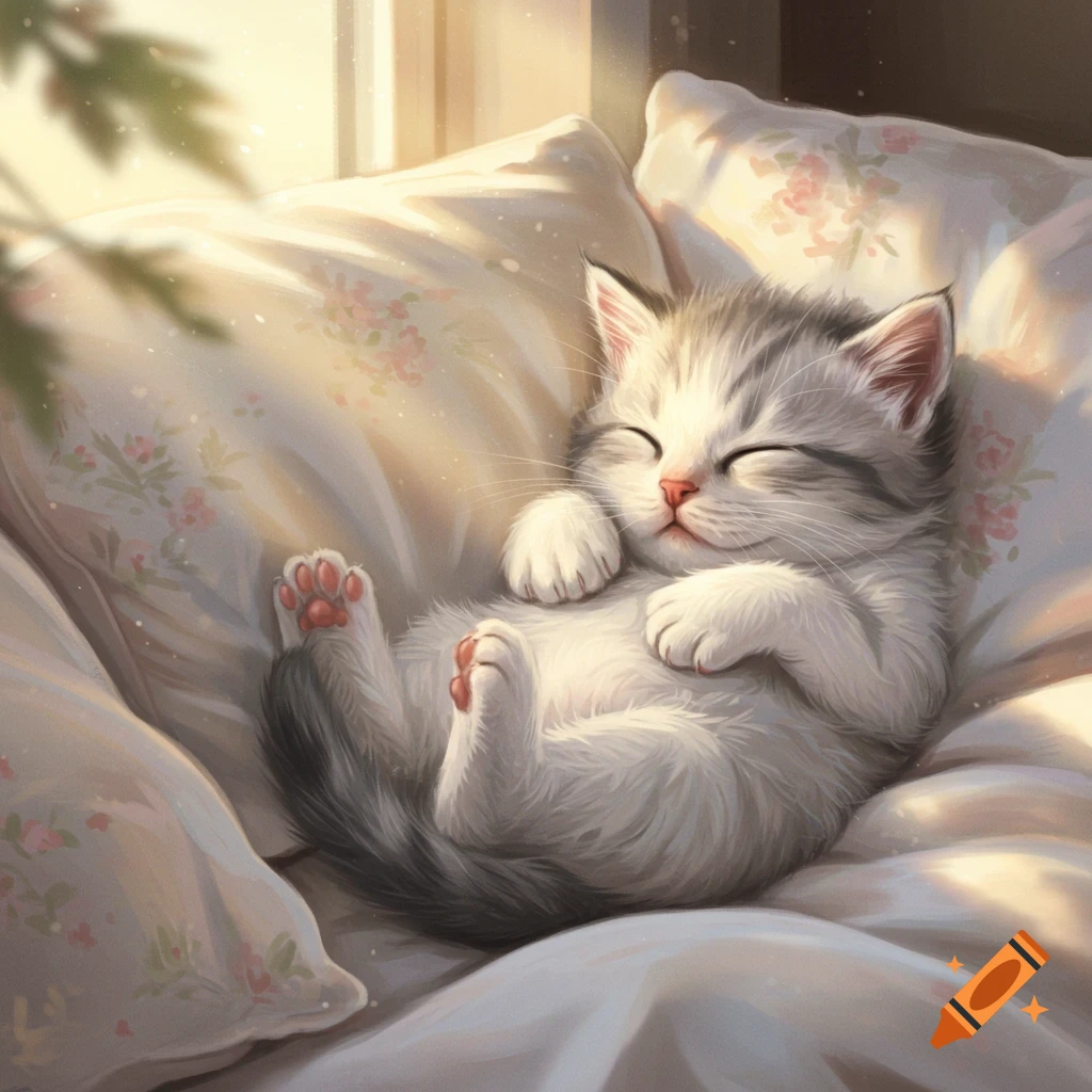 A cute grey and white kitten sleeps curled up on a soft white pillow in warm sunlight.