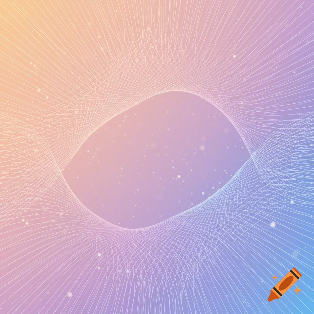 Abstract background with white lines forming a curved tunnel shape, on a pastel gradient of orange, pink, and blue, with small white particles.