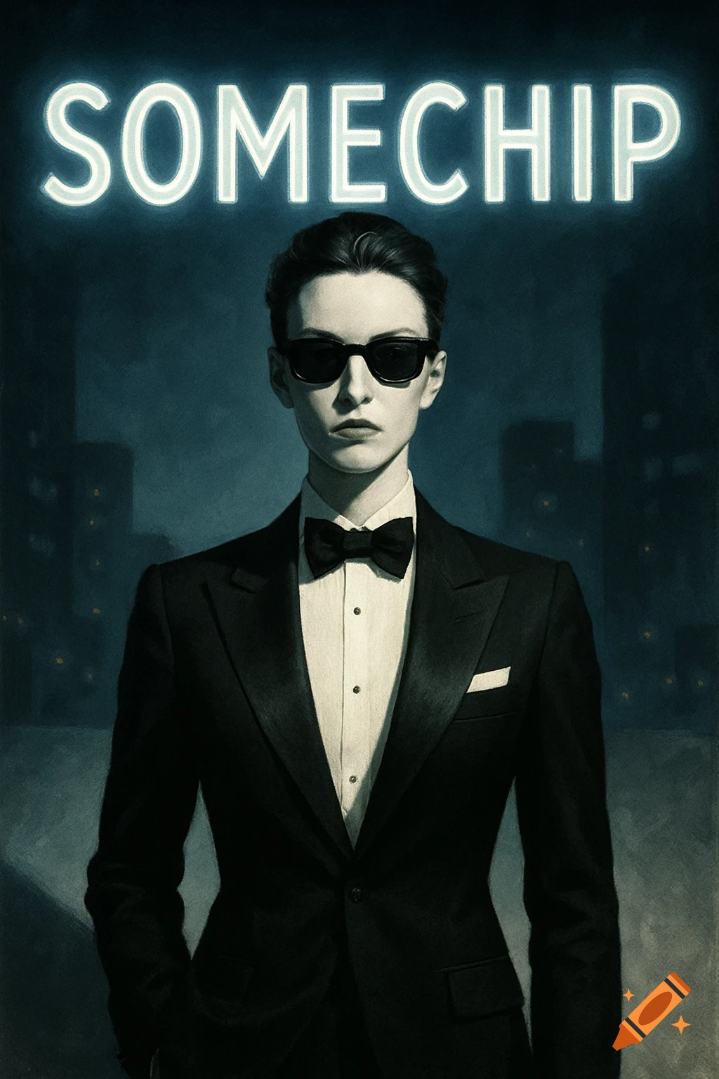A person in a black tuxedo and sunglasses stands under glowing 'SOMECHIP' text in a moody, cinematic art style.