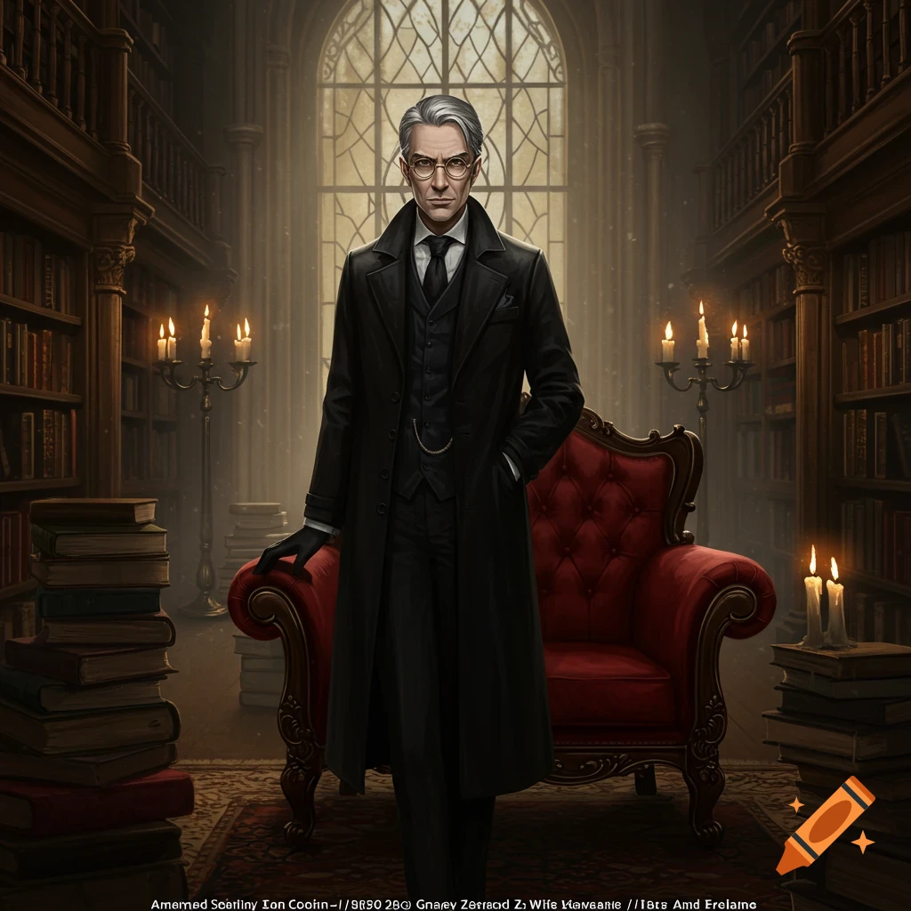 A stern, silver-haired man in a black coat and glasses stands in a dimly lit, ornate library, next to a red armchair.