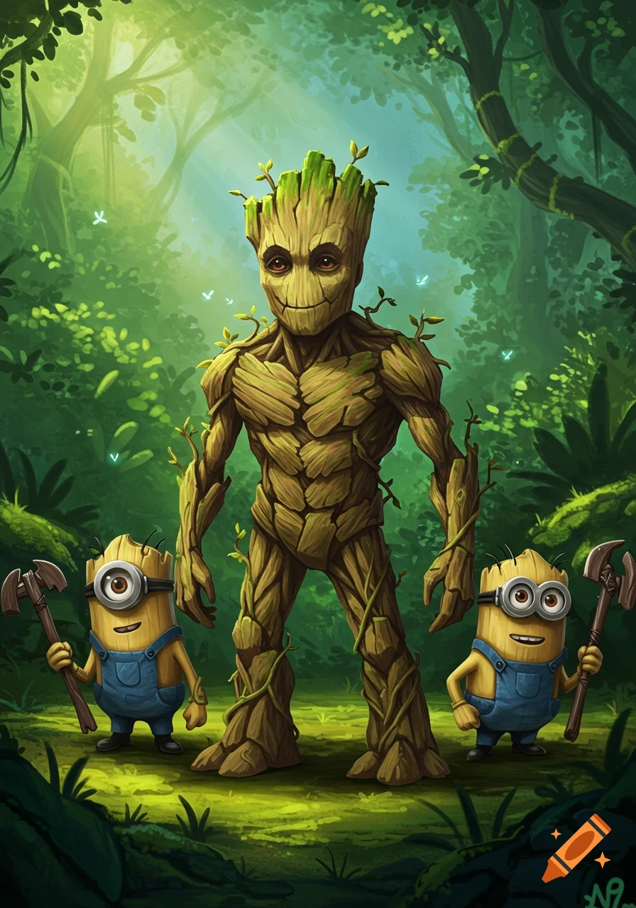 A cartoon illustration of a Groot-like character with a pointy nose, standing in a forest with two wood-textured Minions holding axes.
