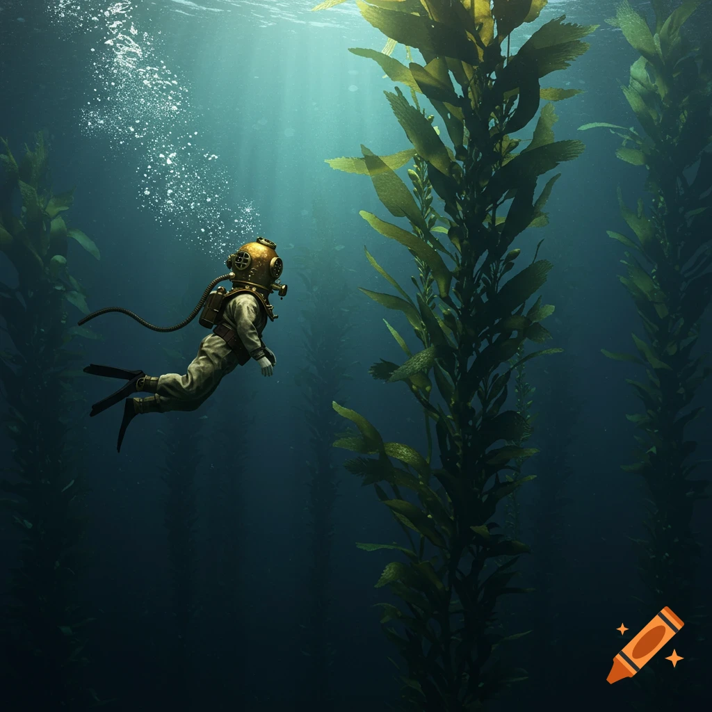 An old-school diver with a brass helmet and air hose swims among towering kelp in a vast, dark blue ocean with light rays.
