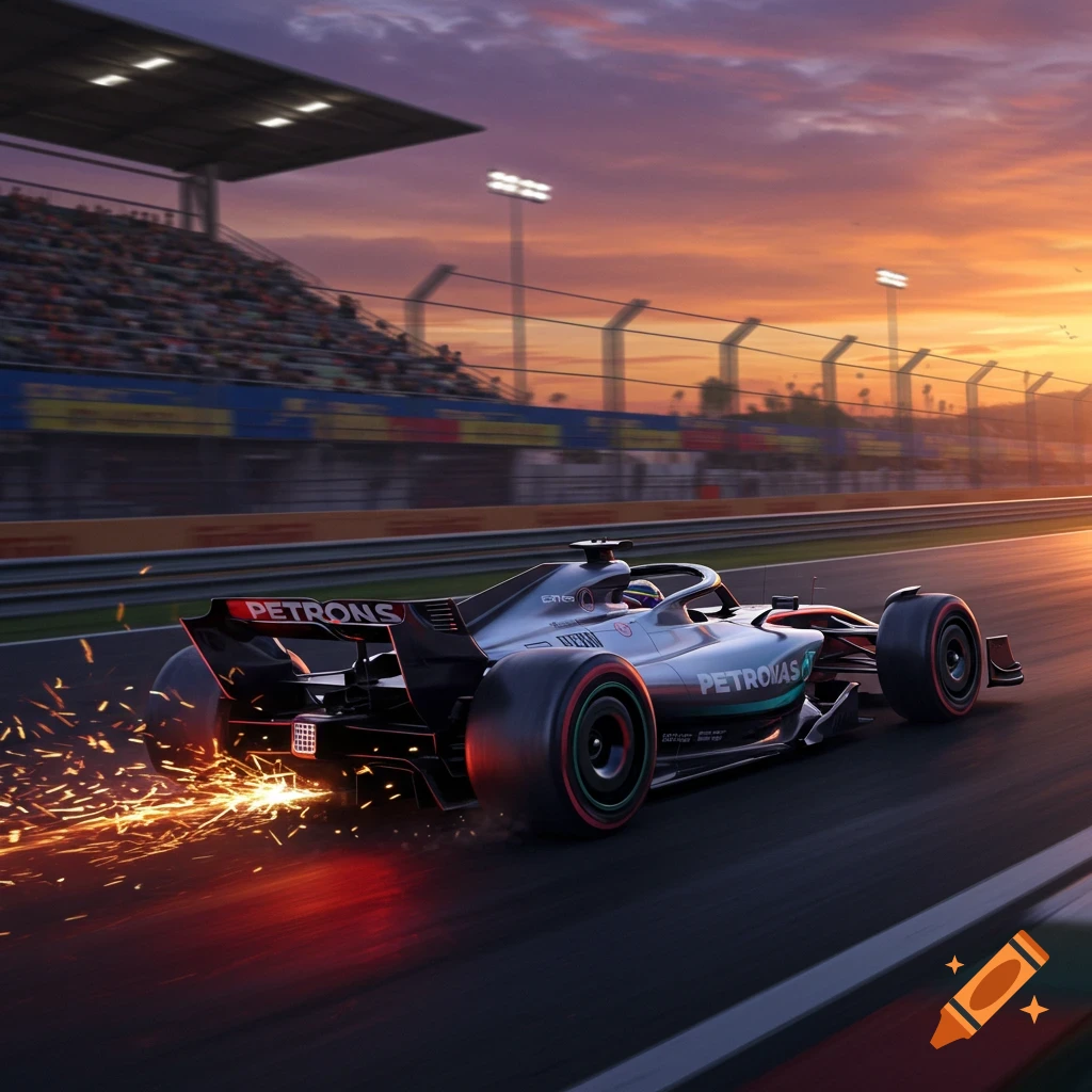 A silver and teal Formula 1 race car speeds on a track, emitting sparks, against a sunset sky.