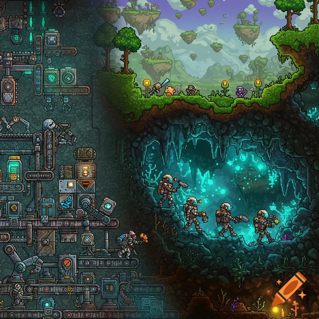 A pixel art collage featuring a complex factory setup on the left, a glowing crystal cave with astronauts on the right, and floating islands above.