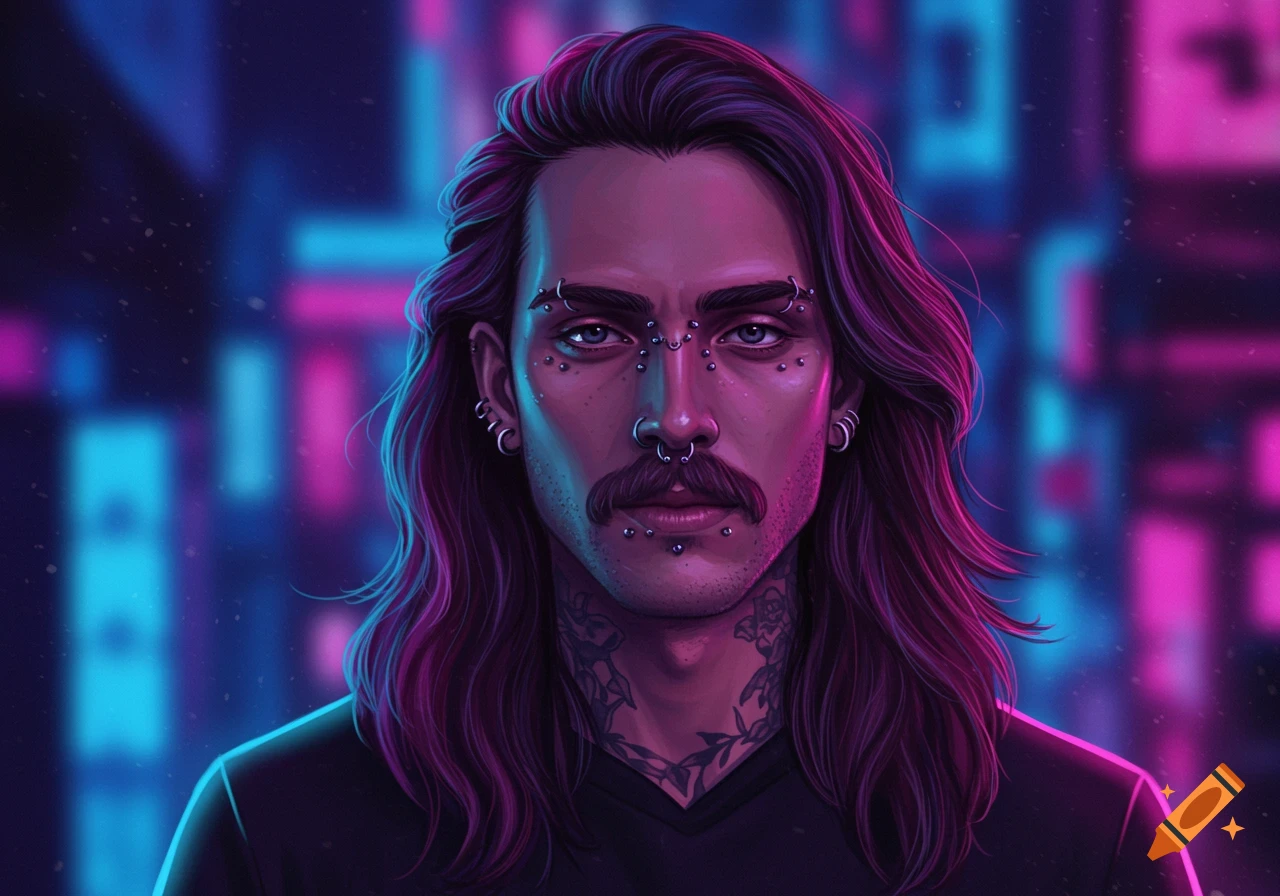 Digital art portrait of a man with long purple hair, mustache, and numerous facial piercings, set against a neon pink and blue city background.