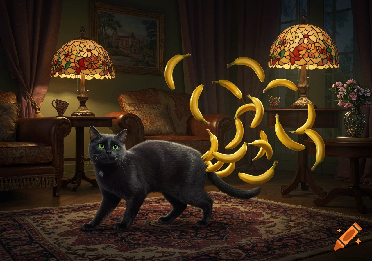 A black cat with bright green eyes stands on a patterned rug in a Victorian-style room, with golden bananas floating behind it.