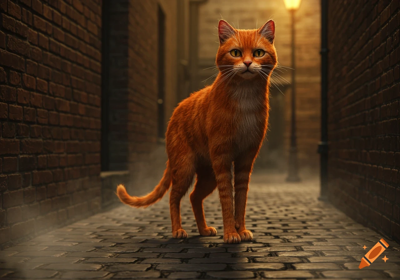A photorealistic orange cat stands on a cobblestone alleyway at night, illuminated by a distant streetlamp.