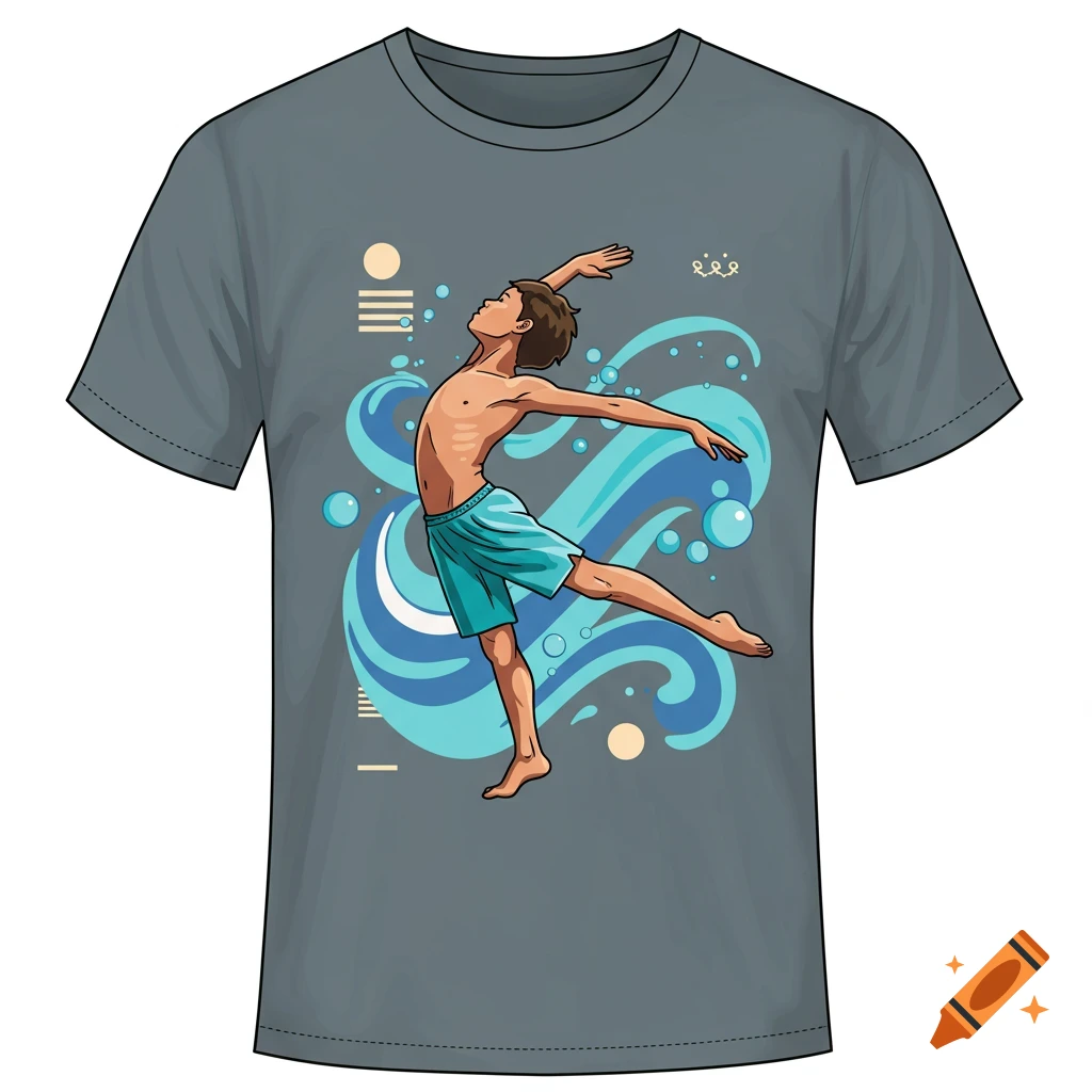 A cartoon boy in swim trunks performing a butterfly stroke pose amidst blue waves and bubbles, displayed on a grey t-shirt.