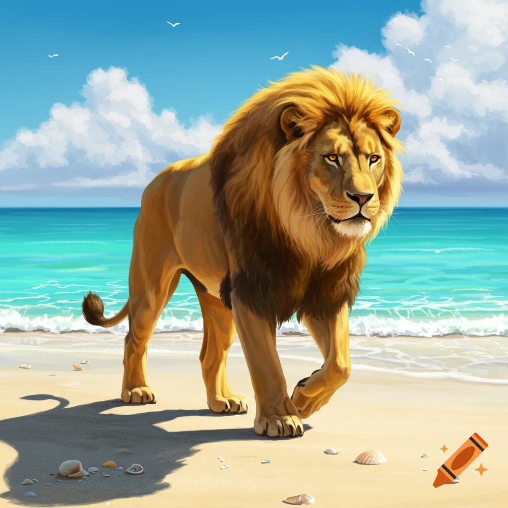 A majestic lion with a golden mane walks along a sandy beach with turquoise ocean waves and a blue sky with white clouds.