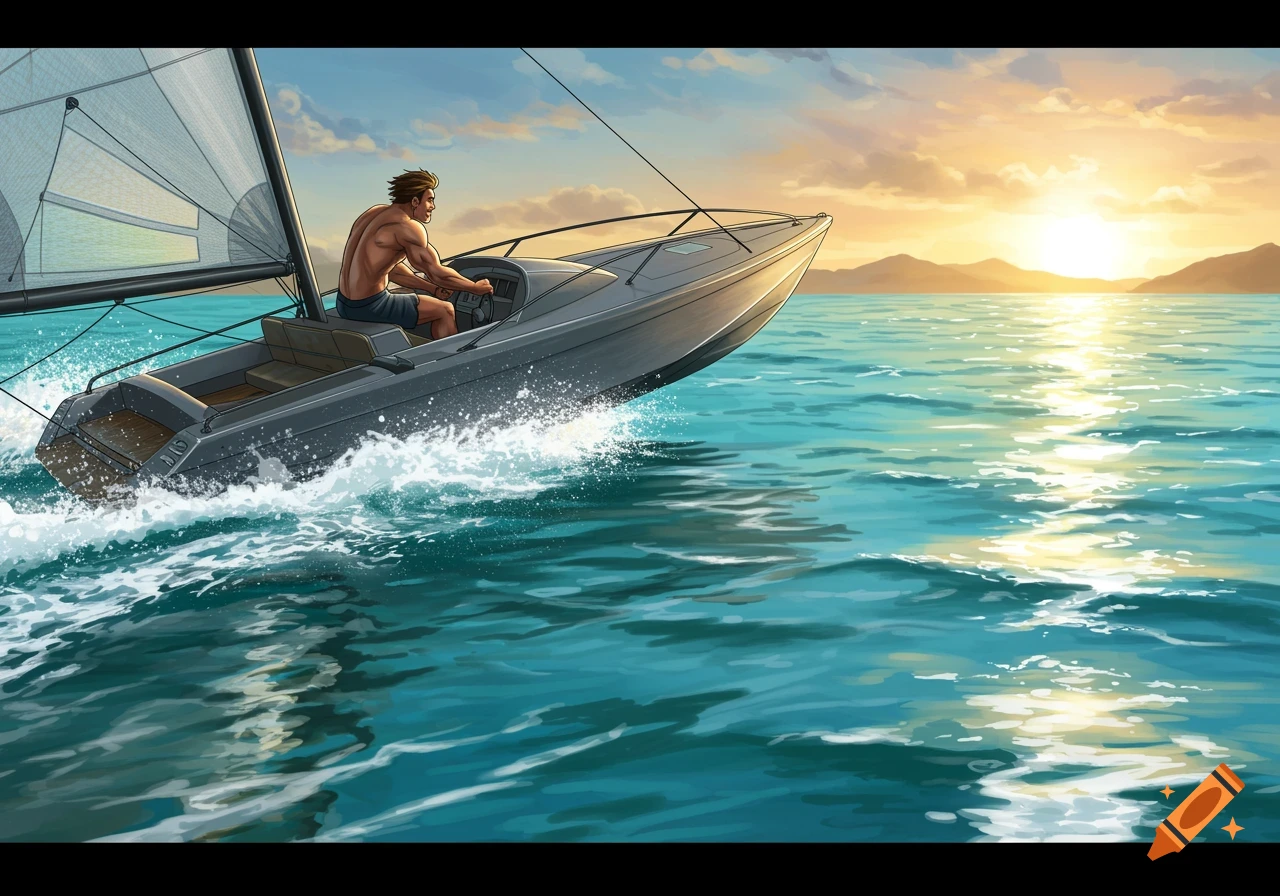 A muscular man in swim trunks drives a sleek powerboat through choppy ocean waters as the sun sets over distant mountains, illustrated style.
