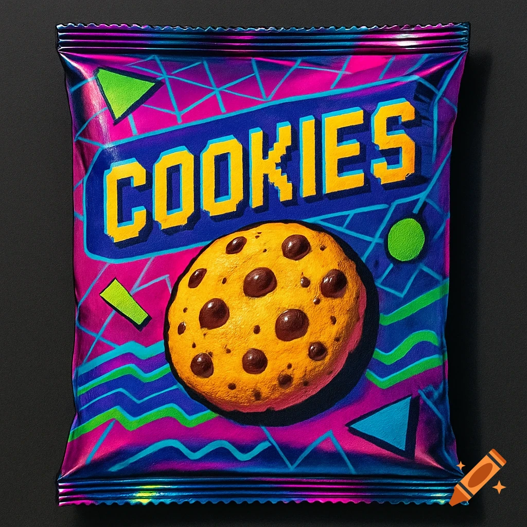A vibrant 80s-themed package of cookies, featuring neon colors, geometric shapes, and a large chocolate chip cookie.