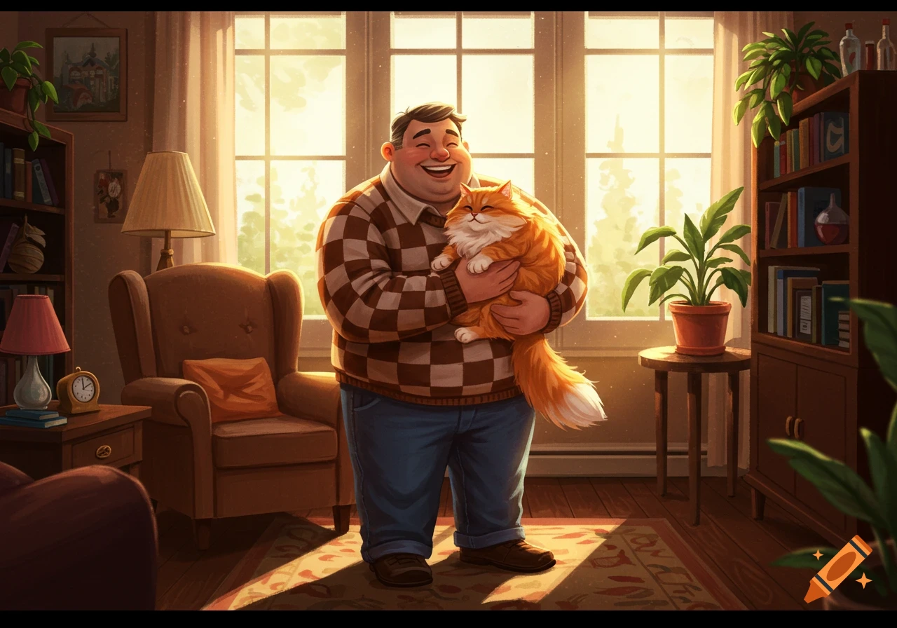 An illustration of a smiling plump man in a checkered sweater holding an orange fluffy cat in a sunny living room.