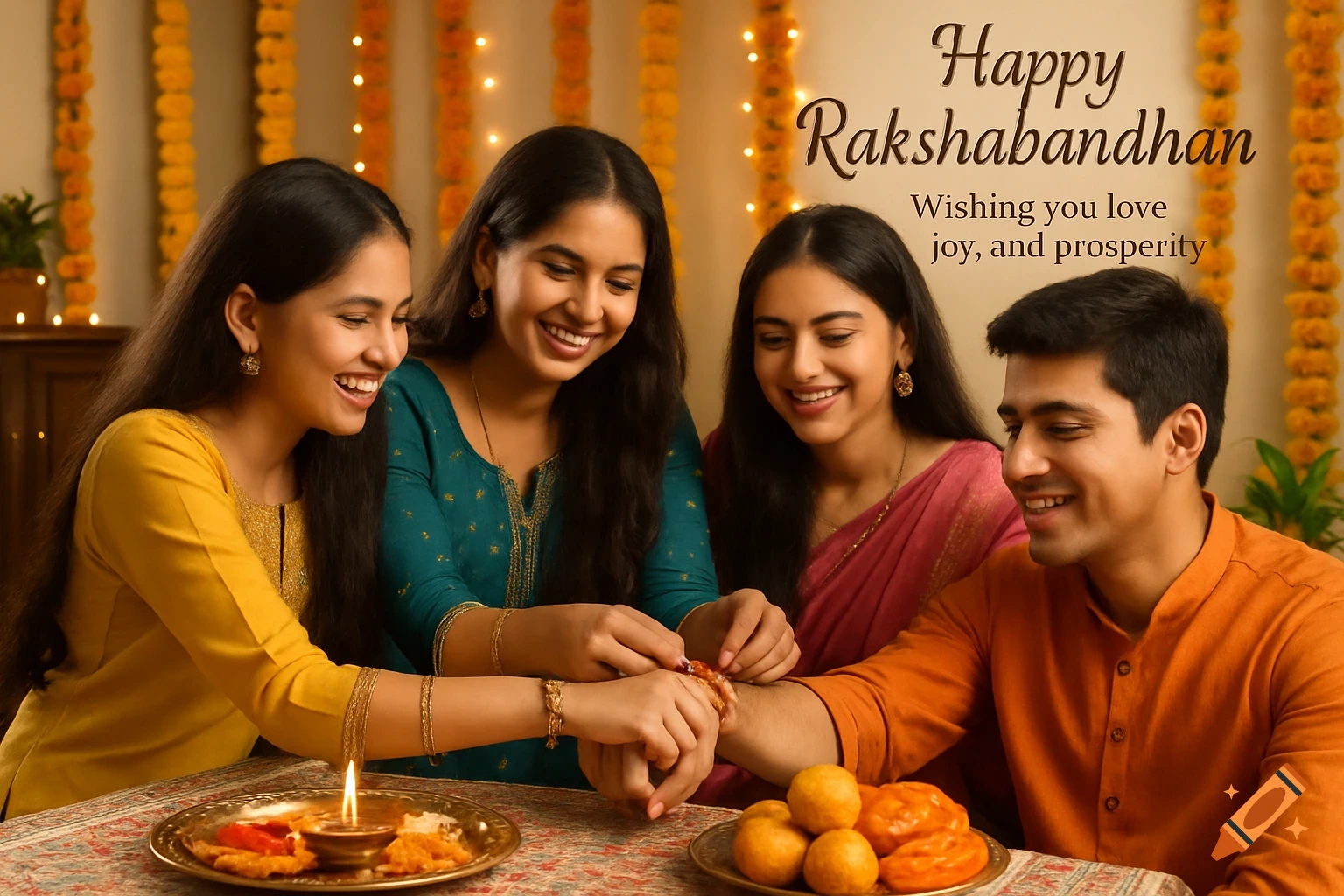 Three Indian sisters celebrate Rakshabandhan, tying a rakhi on their brother's wrist in a festively decorated home. Photorealistic.
