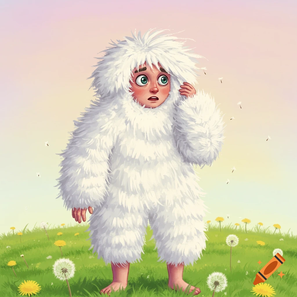 A whimsical illustration of a person in a fluffy white yeti costume looking anxious in a field of dandelions.