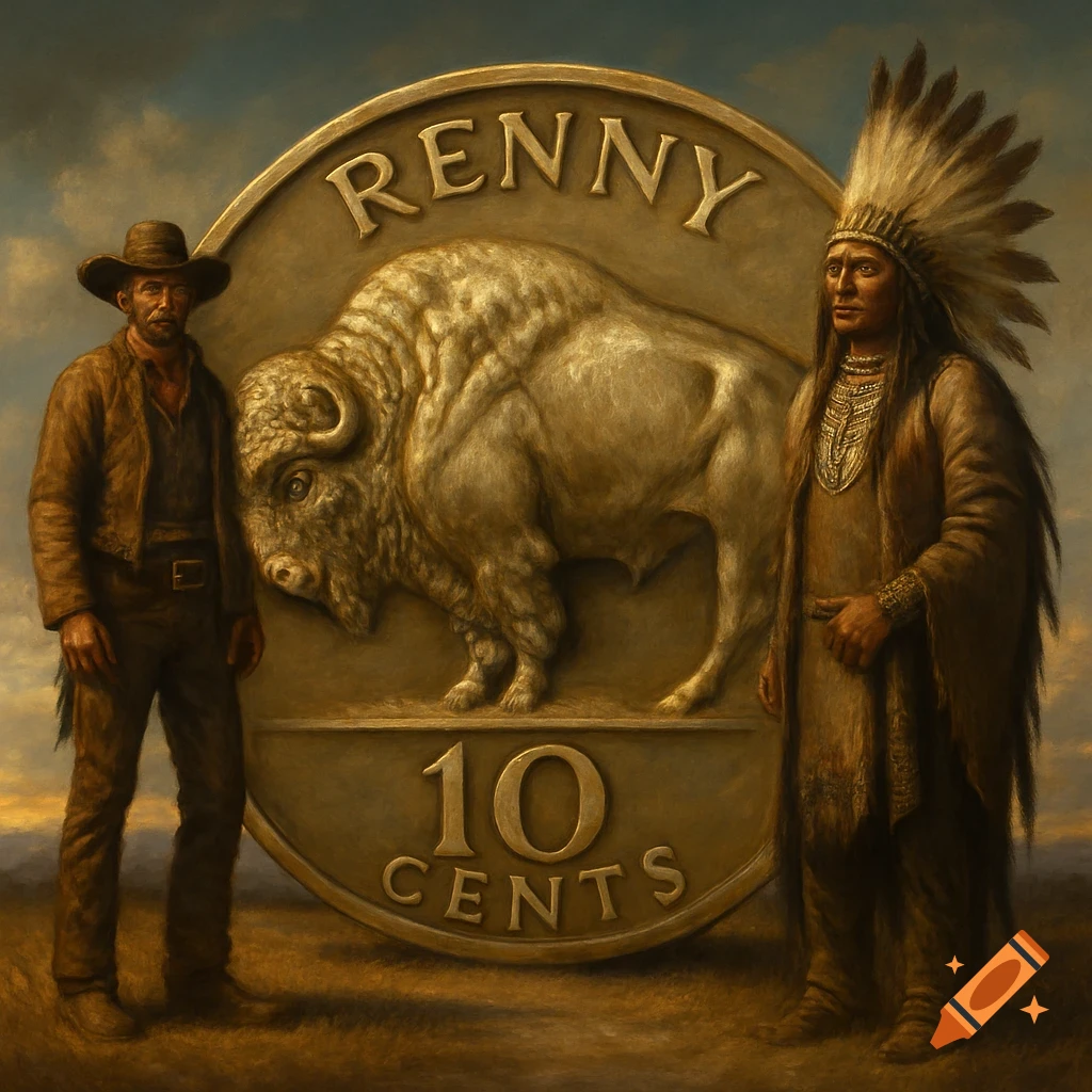 A realistic painting of a large bronze 10-cent coin with a buffalo, flanked by a cowboy and a Native American in a headdress.