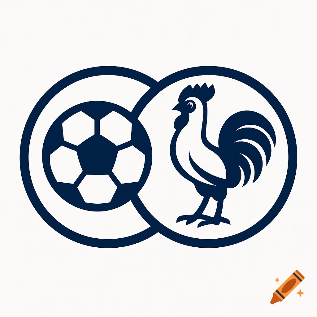 A white and navy blue logo featuring two interlocking circles, one with a soccer ball and the other with a rooster.