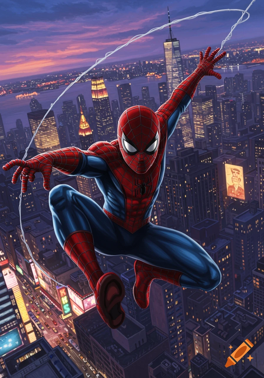 Spider-Man in his classic red and blue suit swings through a vibrant New York City skyline at sunset, casting a web.