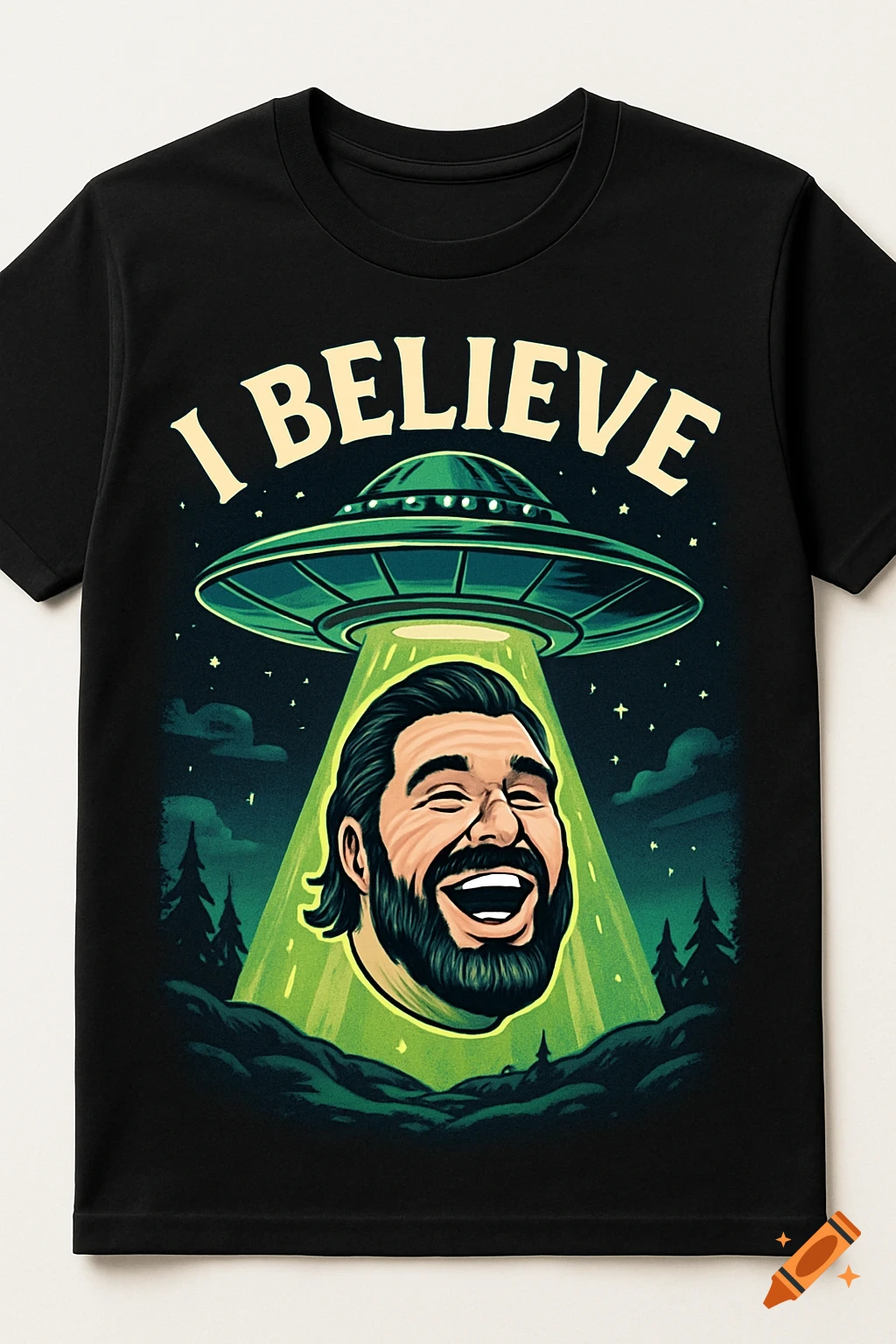 A cartoon design on a black t-shirt showing a UFO abducting a smiling, bearded man's head, with 'I BELIEVE' text.