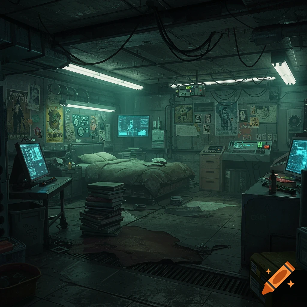 A dark, cluttered cyberpunk basement bedroom with glowing computer screens, posters, and a bed.