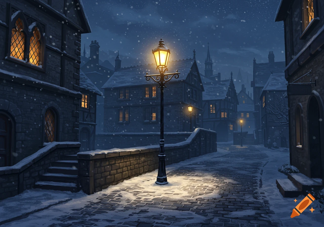 A nighttime scene of a snowy medieval town street with a glowing lamppost illuminating the cobblestones and buildings.