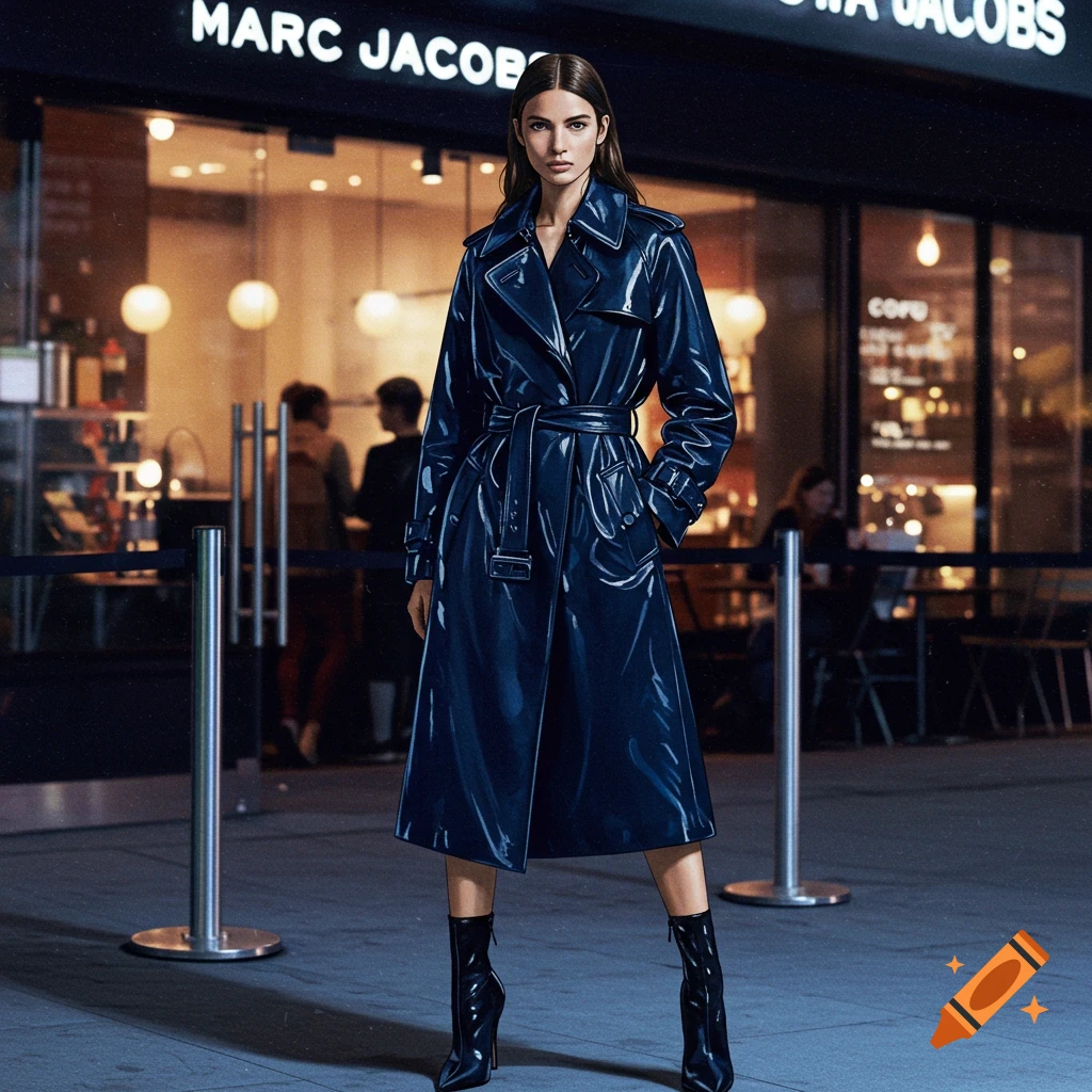A woman in a shiny dark blue trench coat and stiletto boots stands in front of a Marc Jacobs store at night.