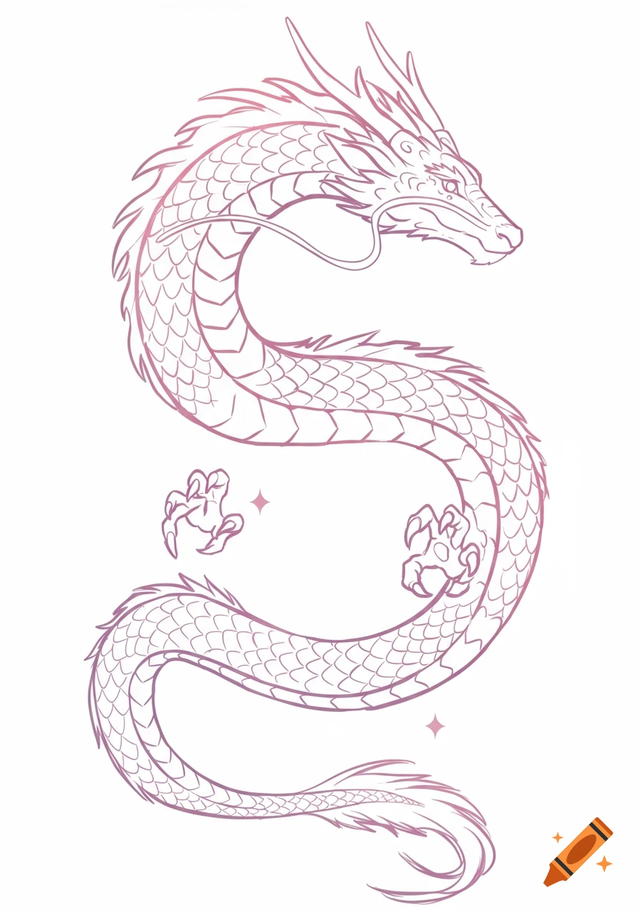Pink and purple line art of a stylized Chinese dragon, curled in an S-shape, with two small sparkle details.