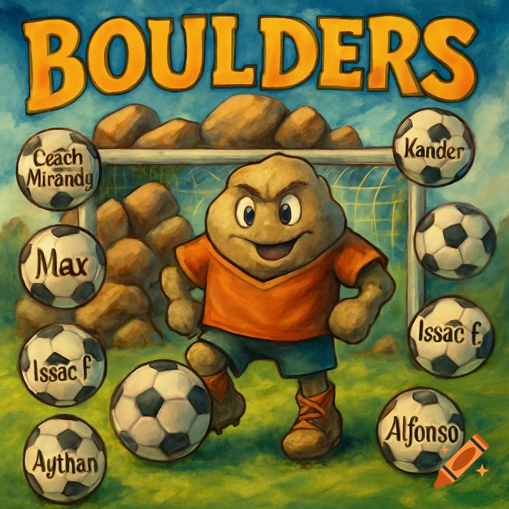 A cartoon boulder soccer player mascot stands on a green field with a goal behind. Soccer balls with names like 'Max' and 'Alfonso' float around him. The title 'BOULDERS' is at the top.
