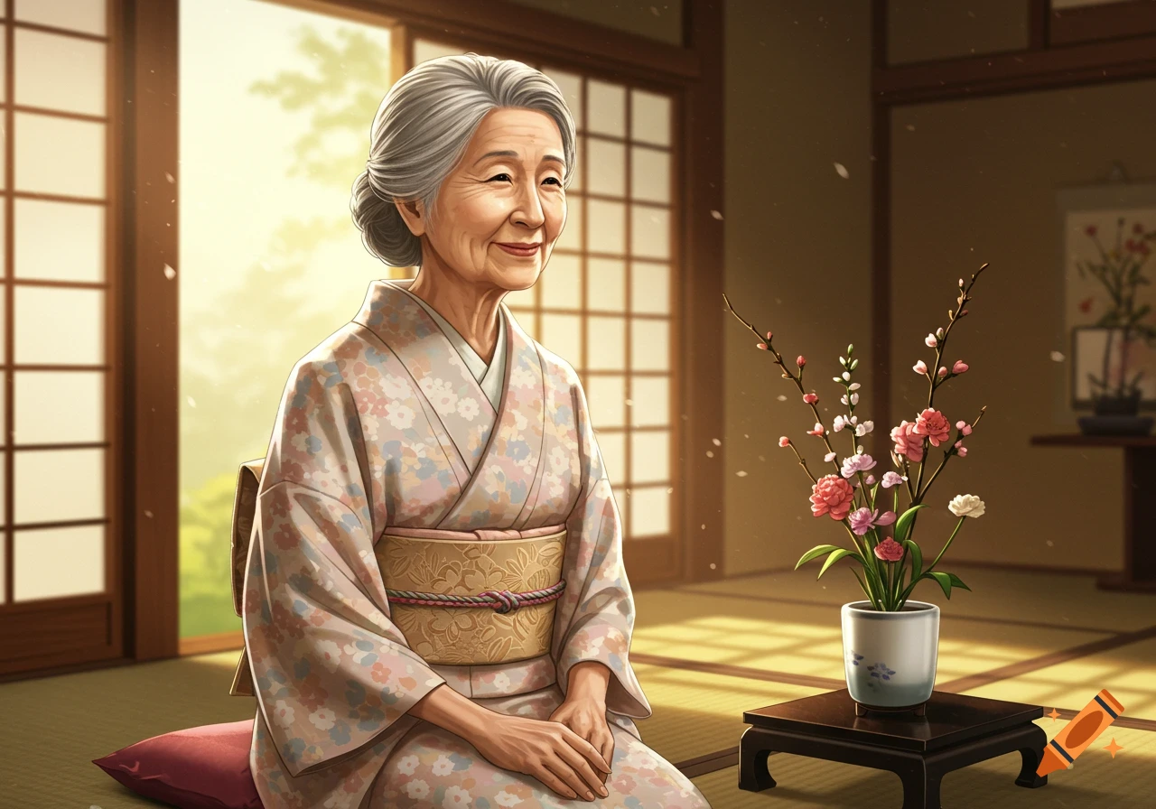 An elderly Japanese woman in a patterned kimono sits on a cushion in a traditional room with shoji screens and a flower arrangement.