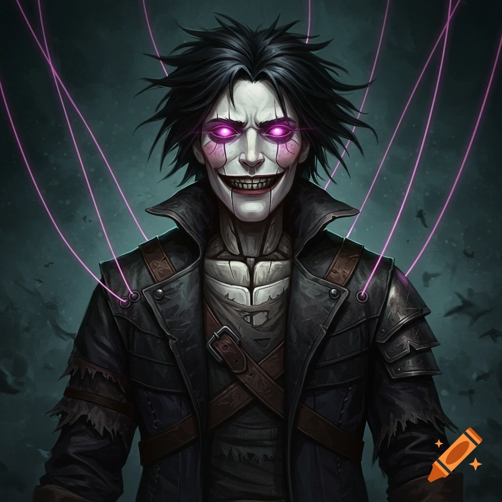 Portrait of a creepy puppet-like male character with glowing purple eyes, a wide grin showing teeth, and purple strings, in a dark fantasy art style.