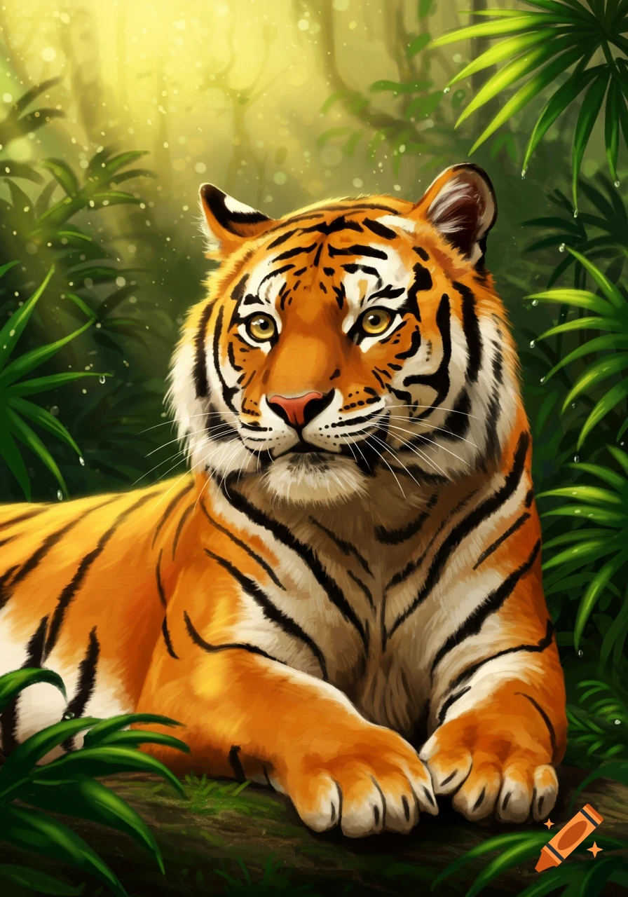 A stylized digital painting of an orange and black striped tiger lying down in a lush green jungle with dappled sunlight.