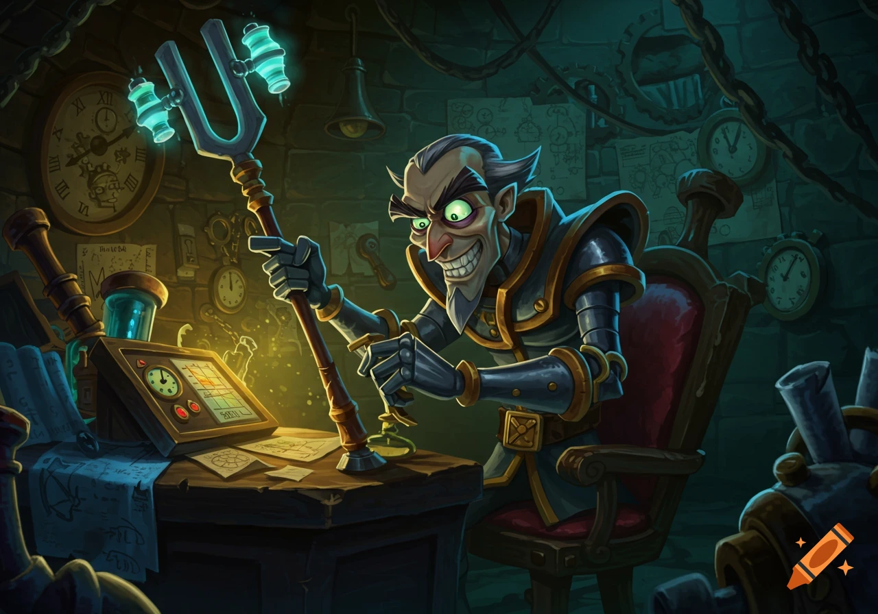 A stylized mad scientist character with glowing green eyes and a grin holds a glowing tuning fork staff in a cluttered workshop with clocks and blueprints.