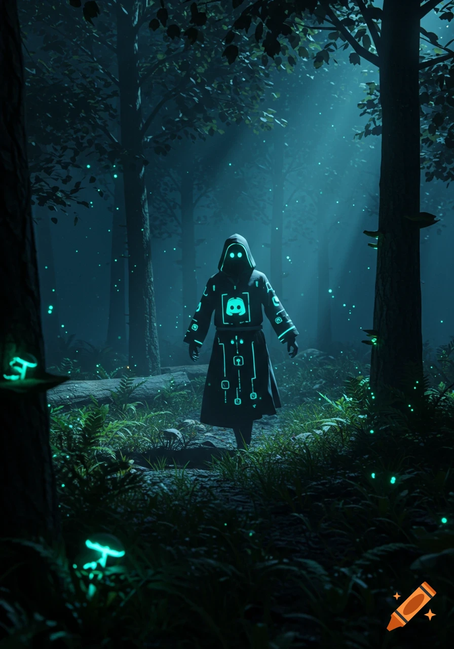 A mysterious hooded figure with glowing eyes and a Discord logo on its robe stands in a dark, misty forest with glowing green lights, digital art.