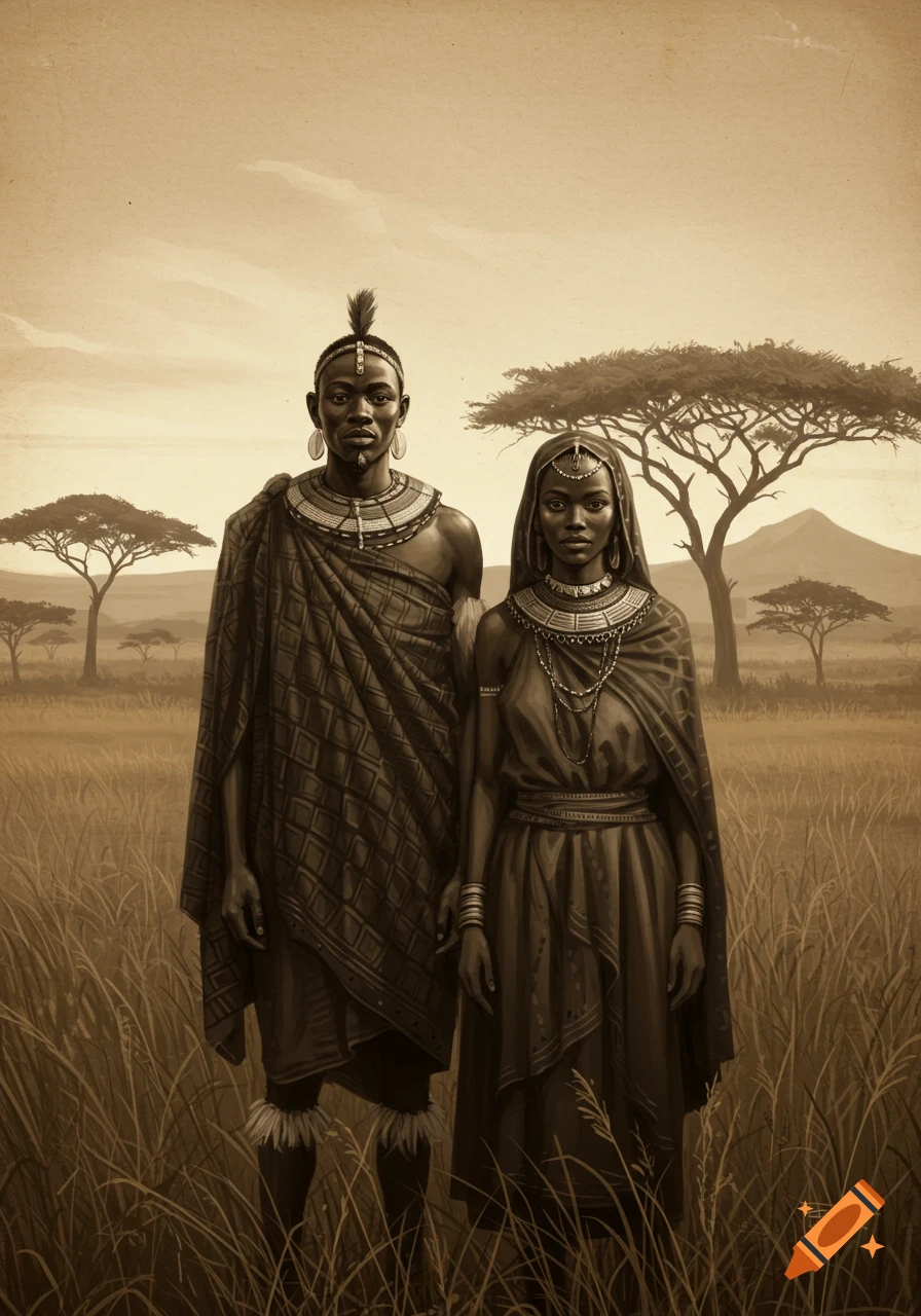 A sepia-toned illustration of a man and a woman in traditional African attire standing in a grassy savanna with acacia trees.