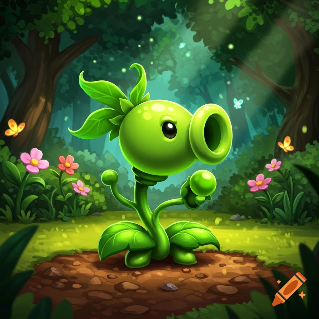 A cute green cartoon peashooter character with a large mouth and leafy head stands in a lush, magical forest with flowers and butterflies.