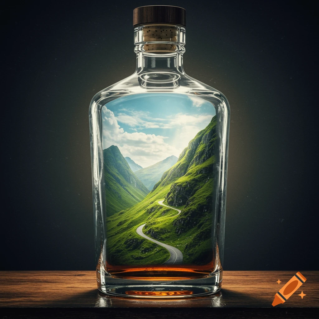 A photorealistic clear glass whisky bottle on wood, containing a winding road through lush green mountains under a bright sky. Dark background.