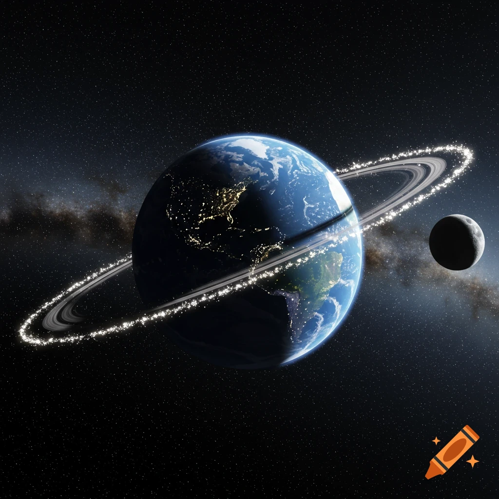 A photorealistic depiction of Earth with bright, glowing rings, a moon, and a distant galaxy in the background.