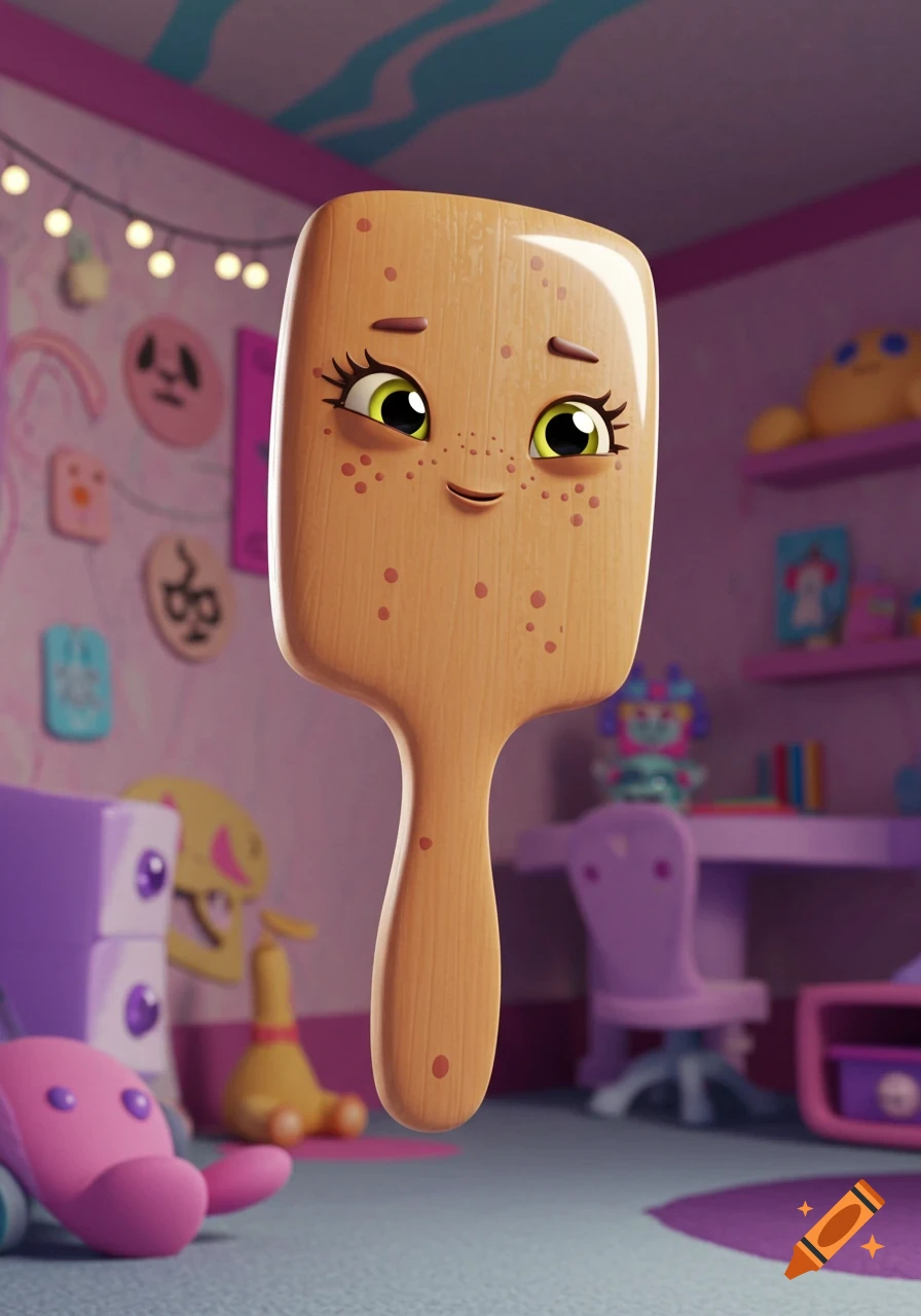 A sentient wooden hairbrush with a playful face, freckles, and large yellow eyes floats in a vibrant pink and purple child's bedroom, in a 3D cartoon style.