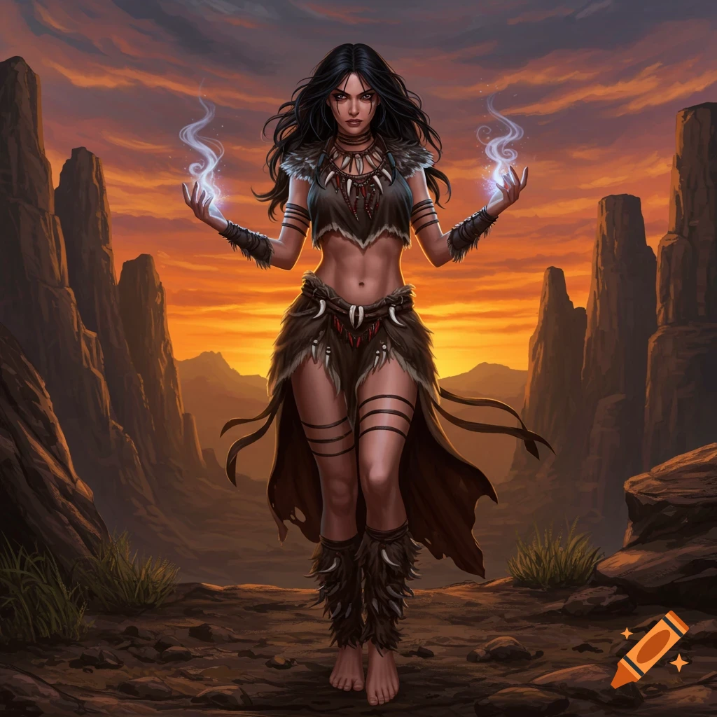 A dark-haired prehistoric sorceress in fur clothing stands in a desert canyon at sunset, hands glowing with magic.