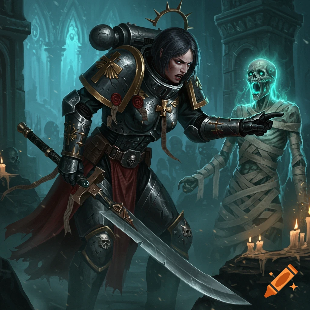A Sister of Battle in power armor points at a glowing mummified creature in a dark, gothic crypt, holding a large sword.