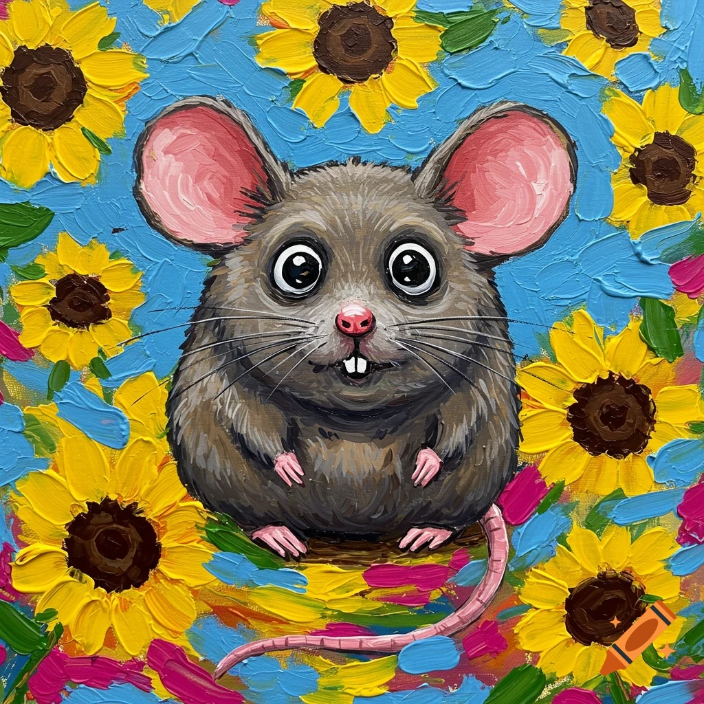 A stylized painting of a plump grey mouse with large eyes and ears, showing two teeth, surrounded by yellow sunflowers on a blue and multi-colored background.