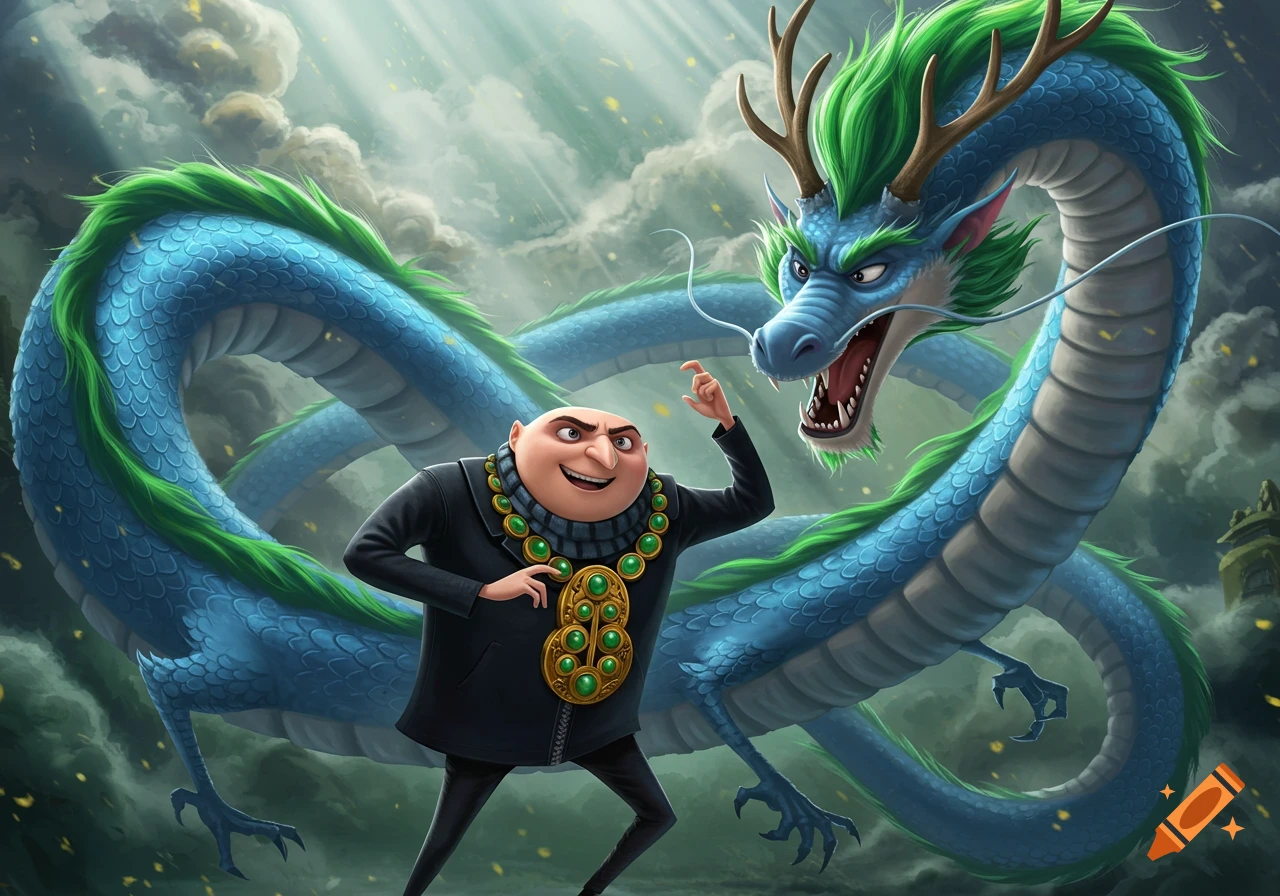 Gru in a black suit and green necklace smiles next to a blue and green Chinese dragon in a cloudy sky.