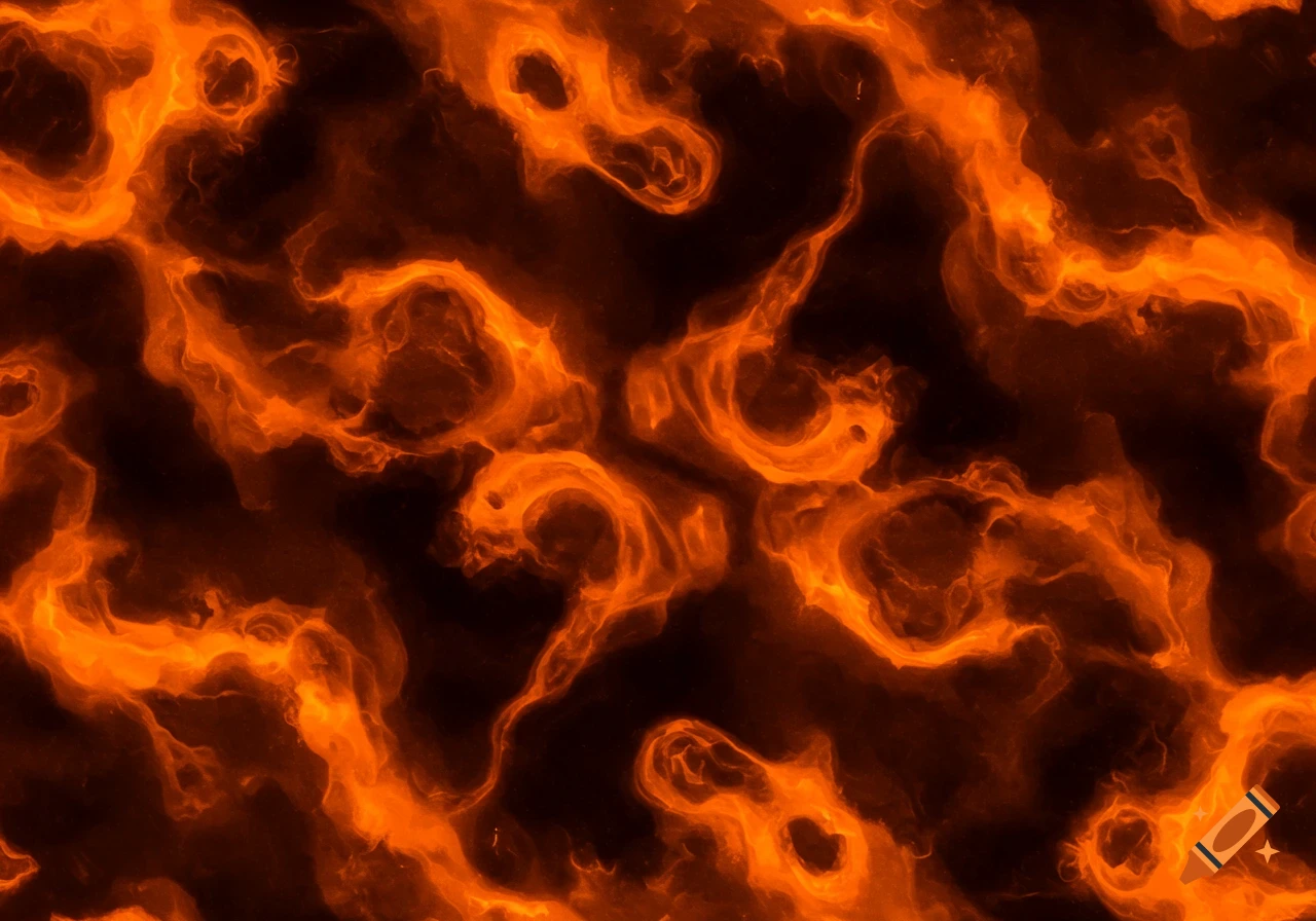 Seamless abstract texture of swirling orange and black smoke and fire patterns.