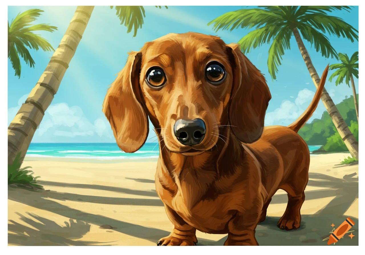 A cute brown dachshund with big eyes stands on a sunny sandy beach with palm trees and turquoise ocean.