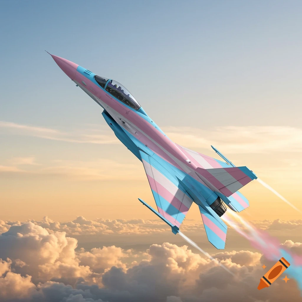 A fighter jet in pink, light blue, and white trans pride colors flies through the sky, leaving a matching smoke trail.