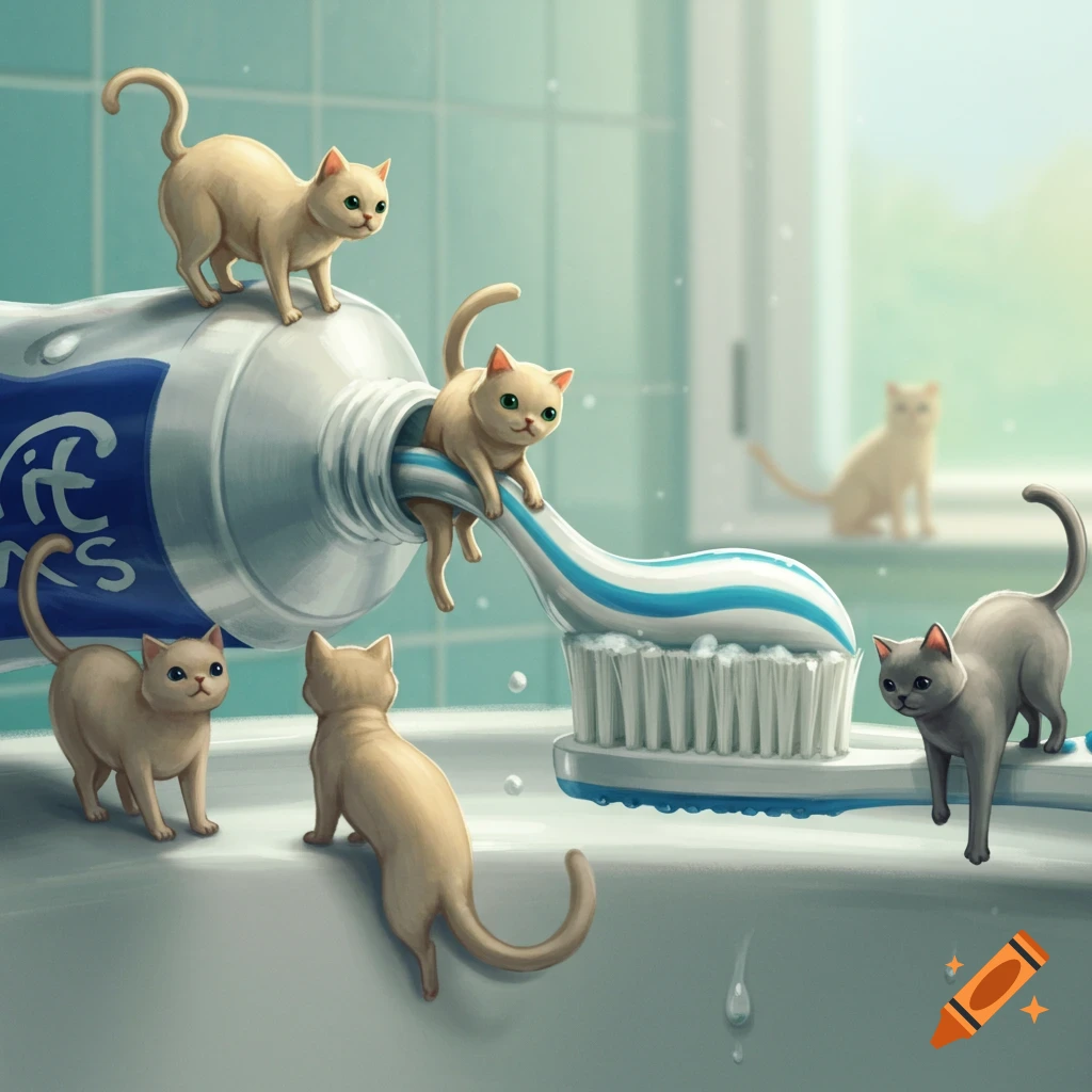 Cartoon cats playing with a giant toothpaste tube and toothbrush in a bathroom.