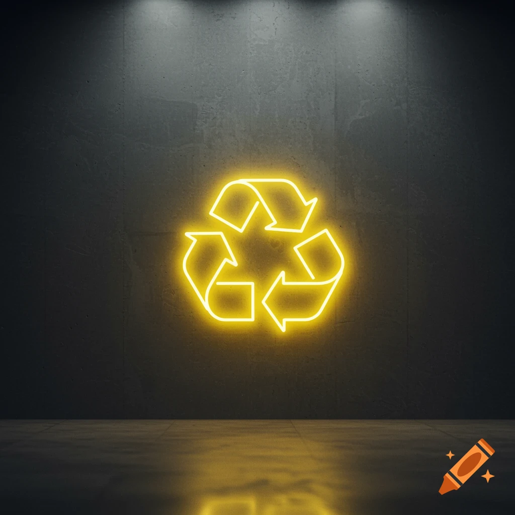 A bright yellow neon recycling symbol glowing against a dark, textured concrete wall with reflections on the floor.