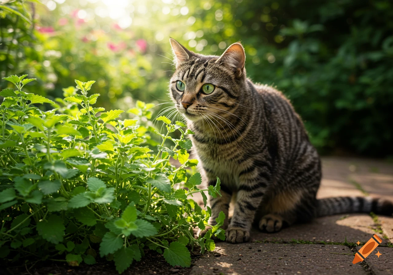 A tabby cat with green eyes sits beside vibrant green catnip plants in a sunlit garden, looking alert.