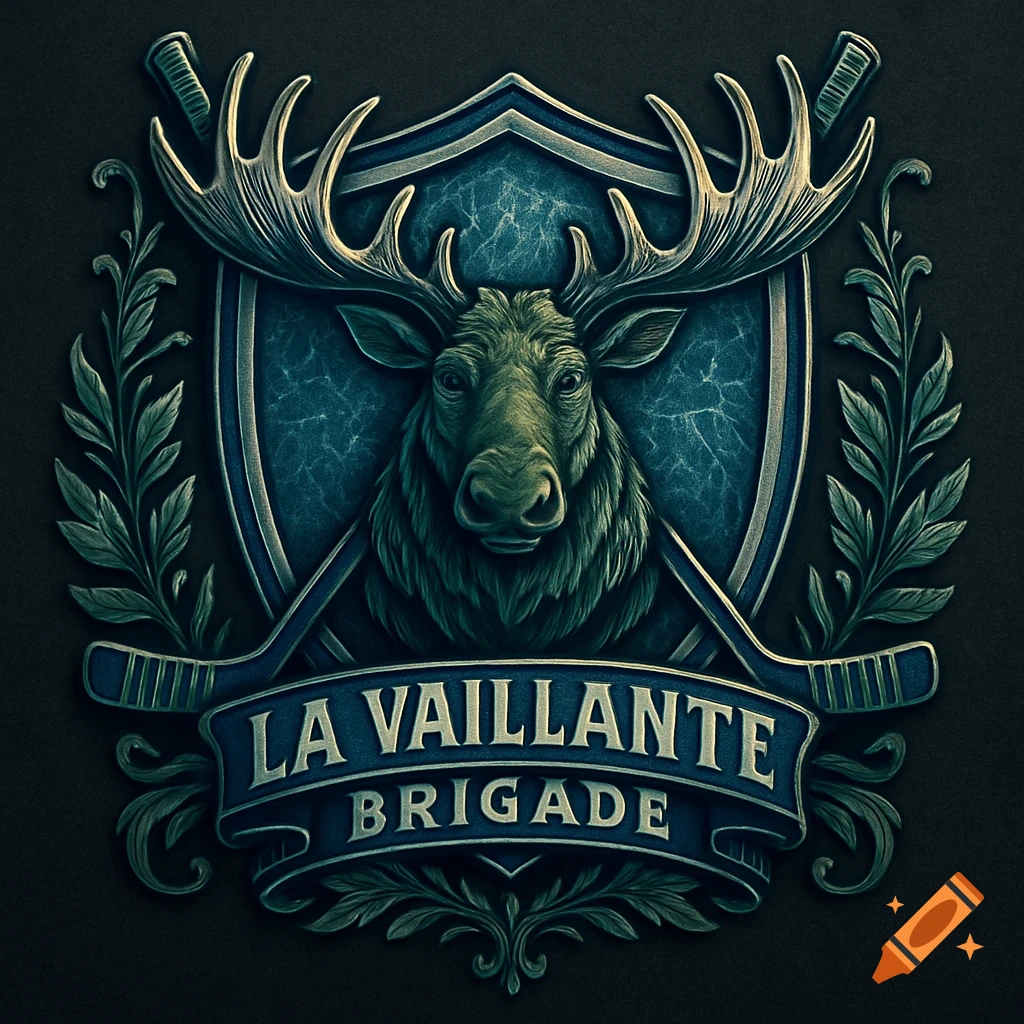 Ornate metallic hockey team logo with a moose head, crossed hockey sticks, and a banner reading 'LA VAILLANTE BRIGADE'.