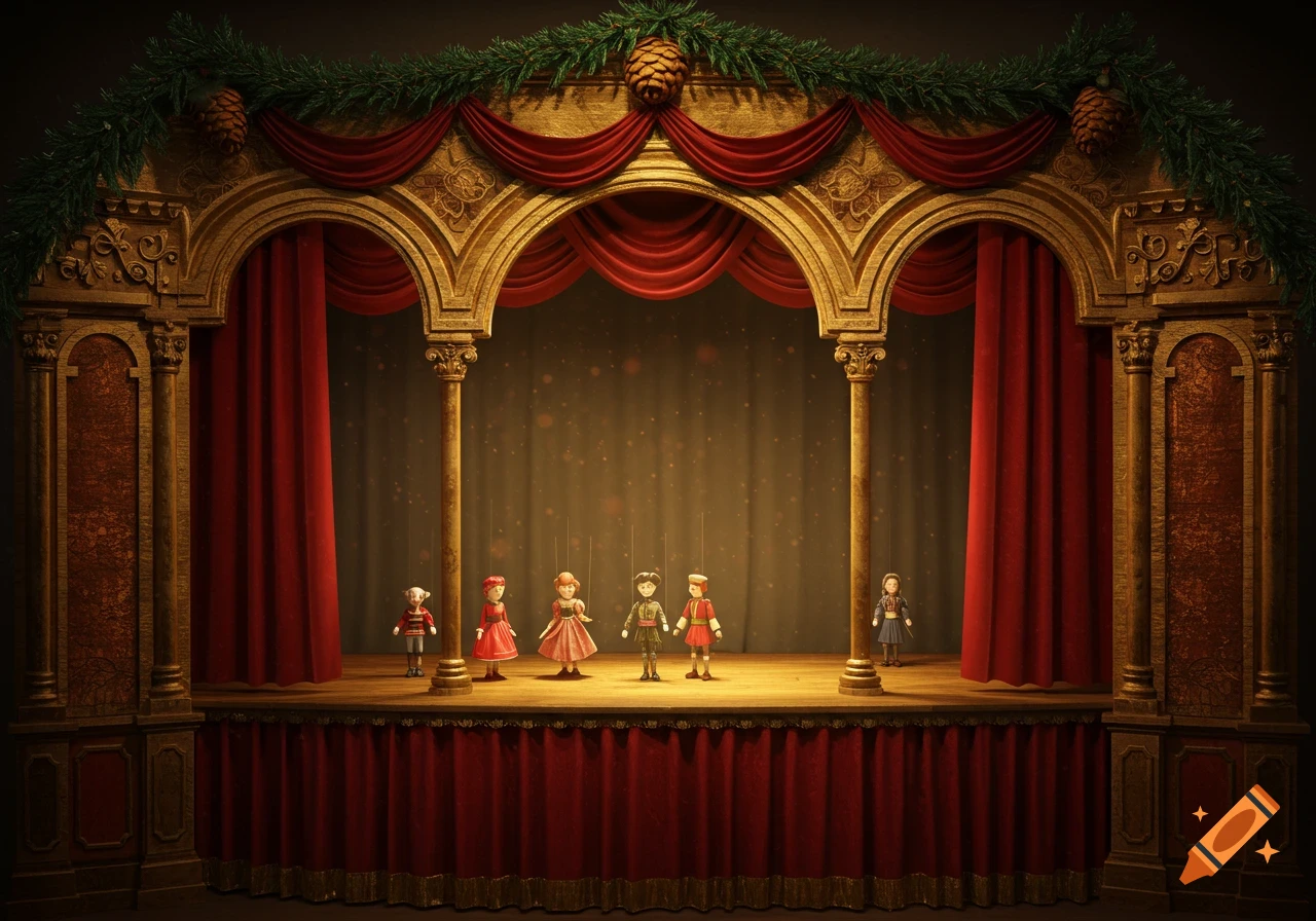 A richly decorated puppet show stage with red curtains and six puppets standing on the stage.